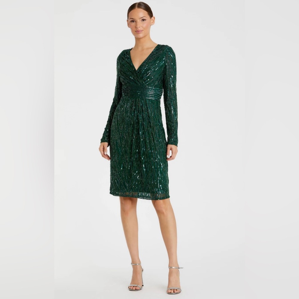 Long Sleeve Embellished Sequin Cocktail Dress Color  Emerald Green Size 10
